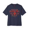 Navy blue t-shirt with red 'Olympus' graphic on a white background