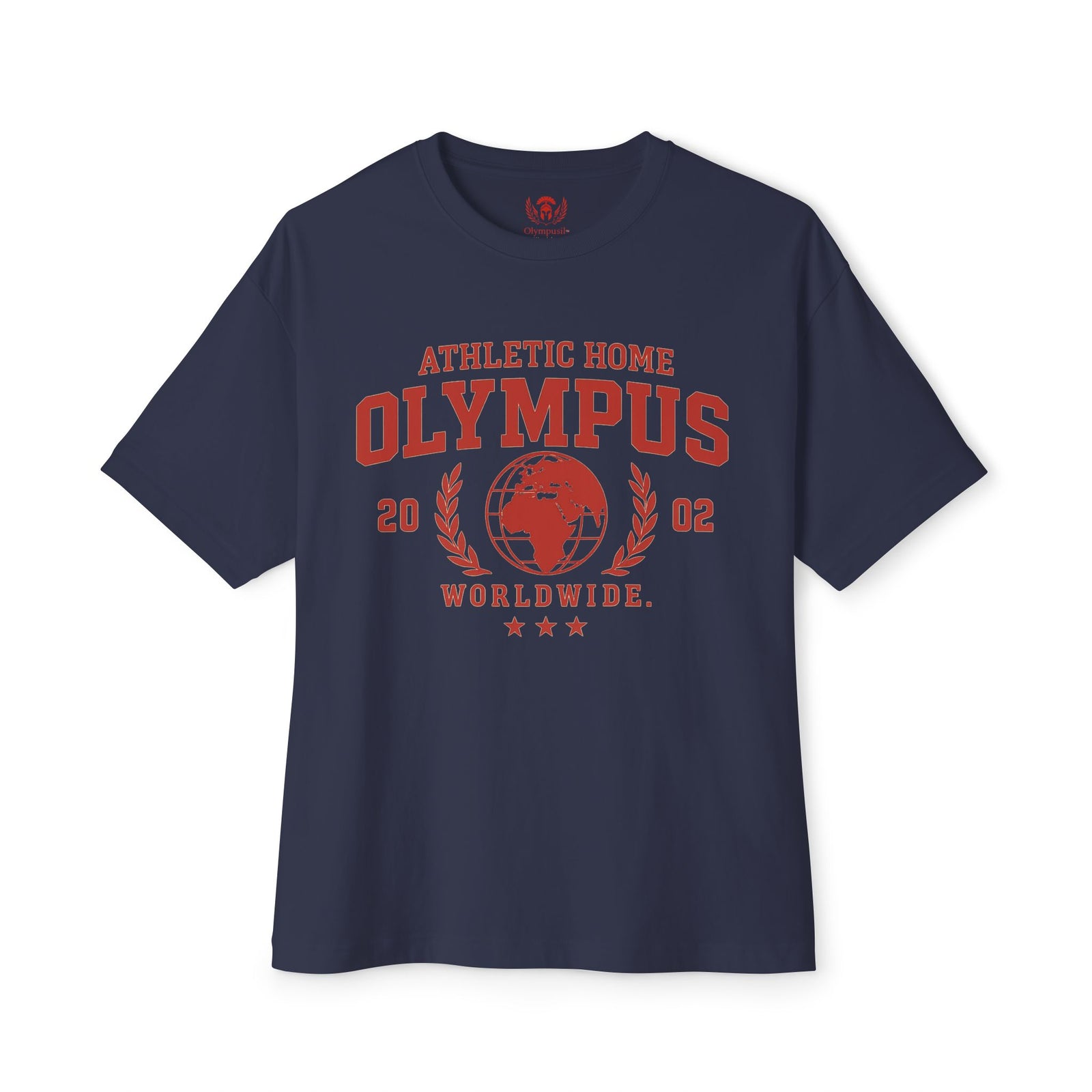 Navy blue t-shirt with red 'Olympus' graphic on a white background