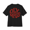 Black t-shirt with red 'OLYMPUS' text on a white background