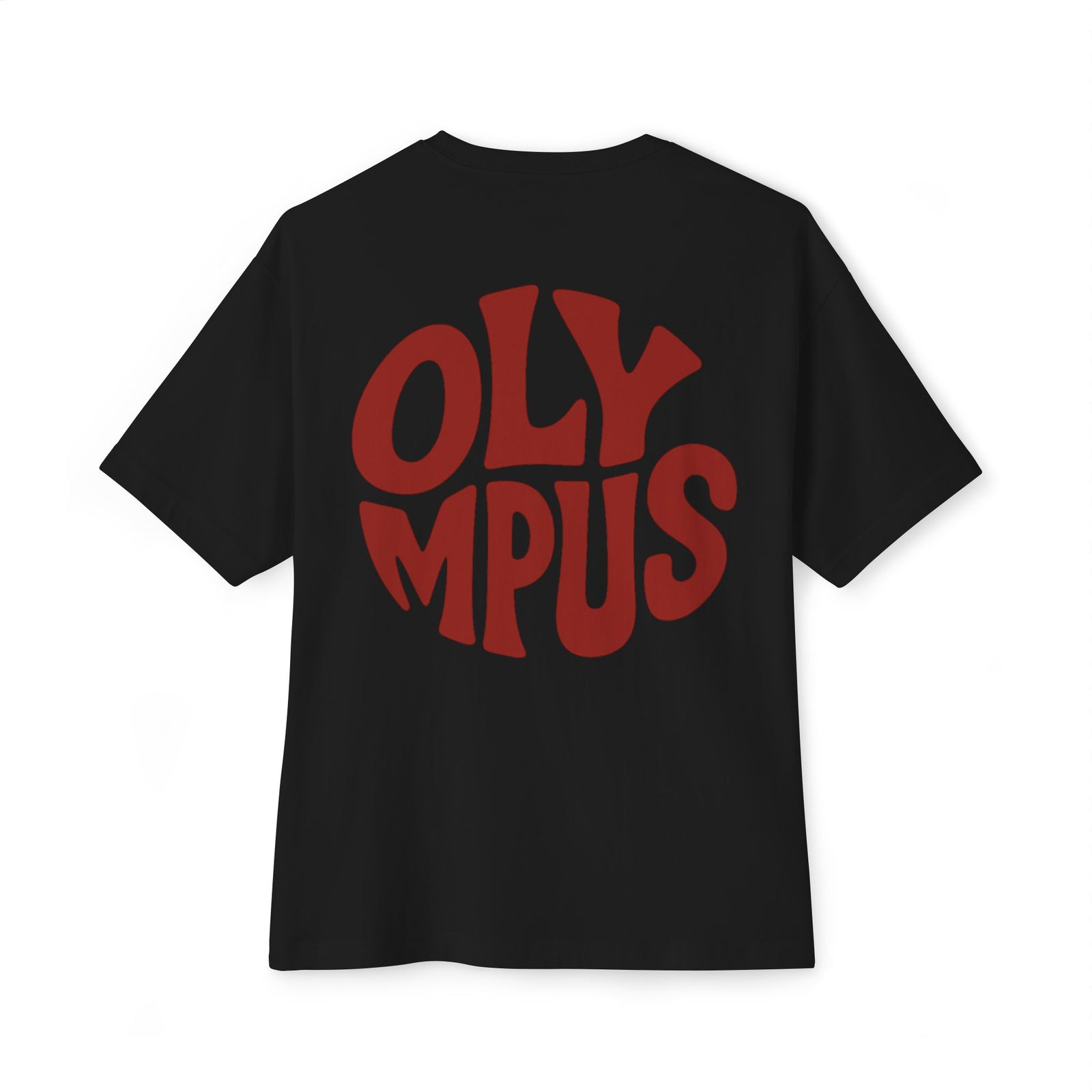 Black t-shirt with red 'OLYMPUS' text on a white background