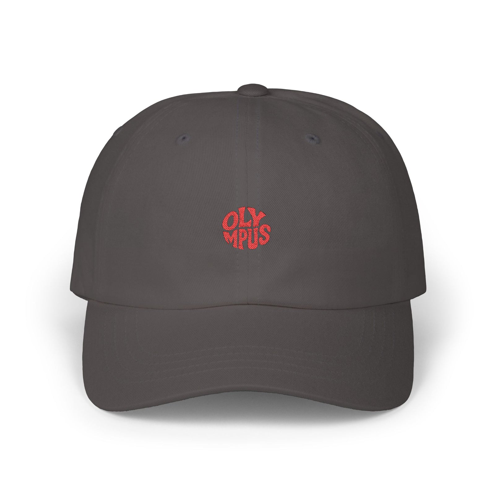 Dark gray cap with red 'Oly Mop' logo on a white background
