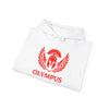 White hoodie with red Olympus logo on a white background