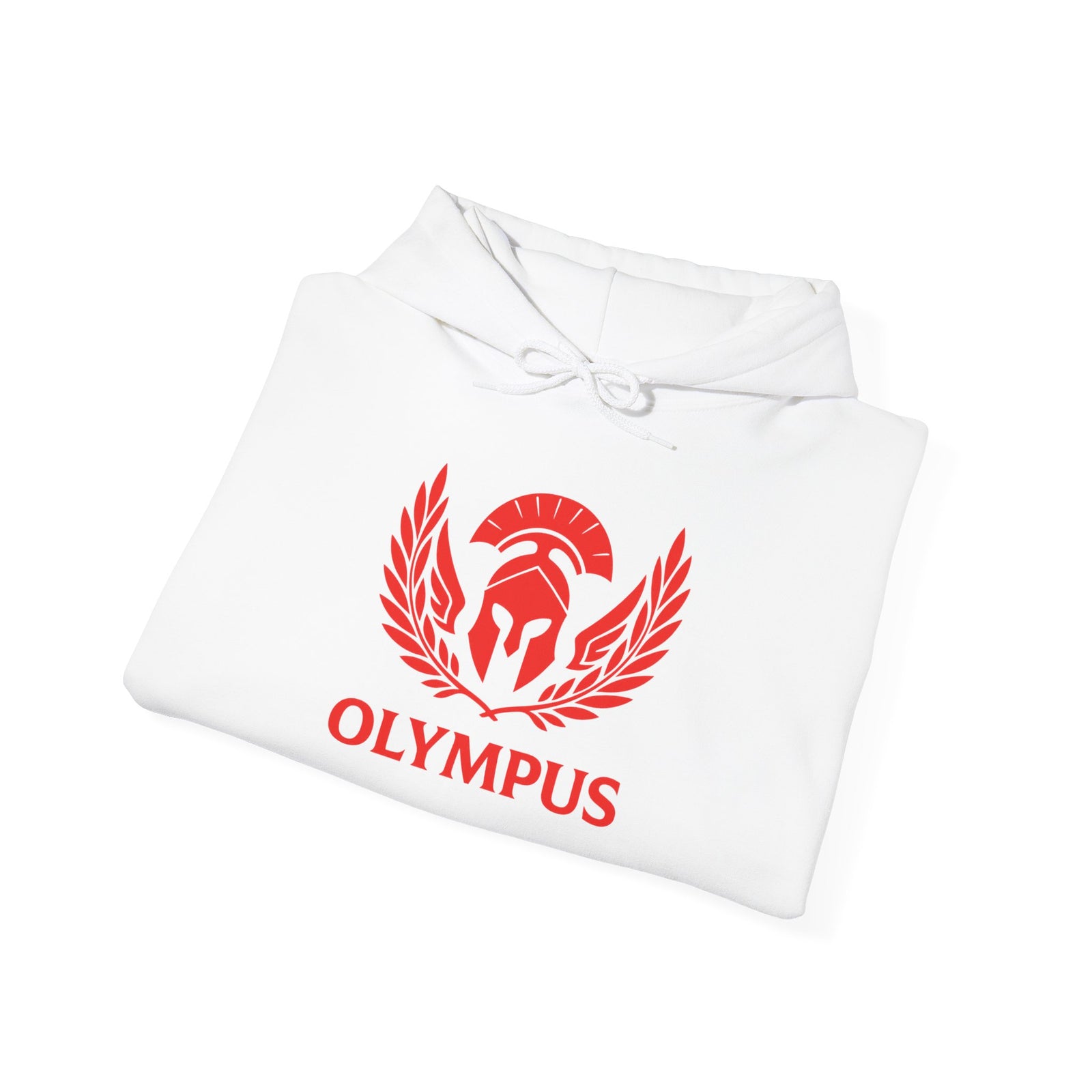 White hoodie with red Olympus logo on a white background