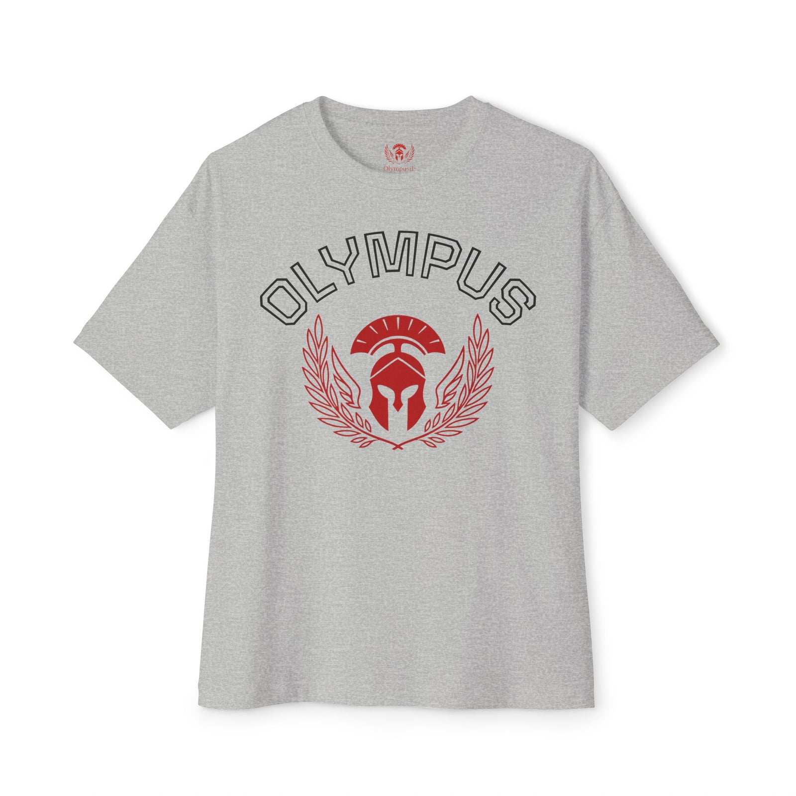 Gray t-shirt with 'Olympus' logo featuring a Spartan helmet and laurel wreath on a white background.