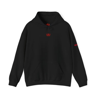 Black hoodie with red logo on a white background