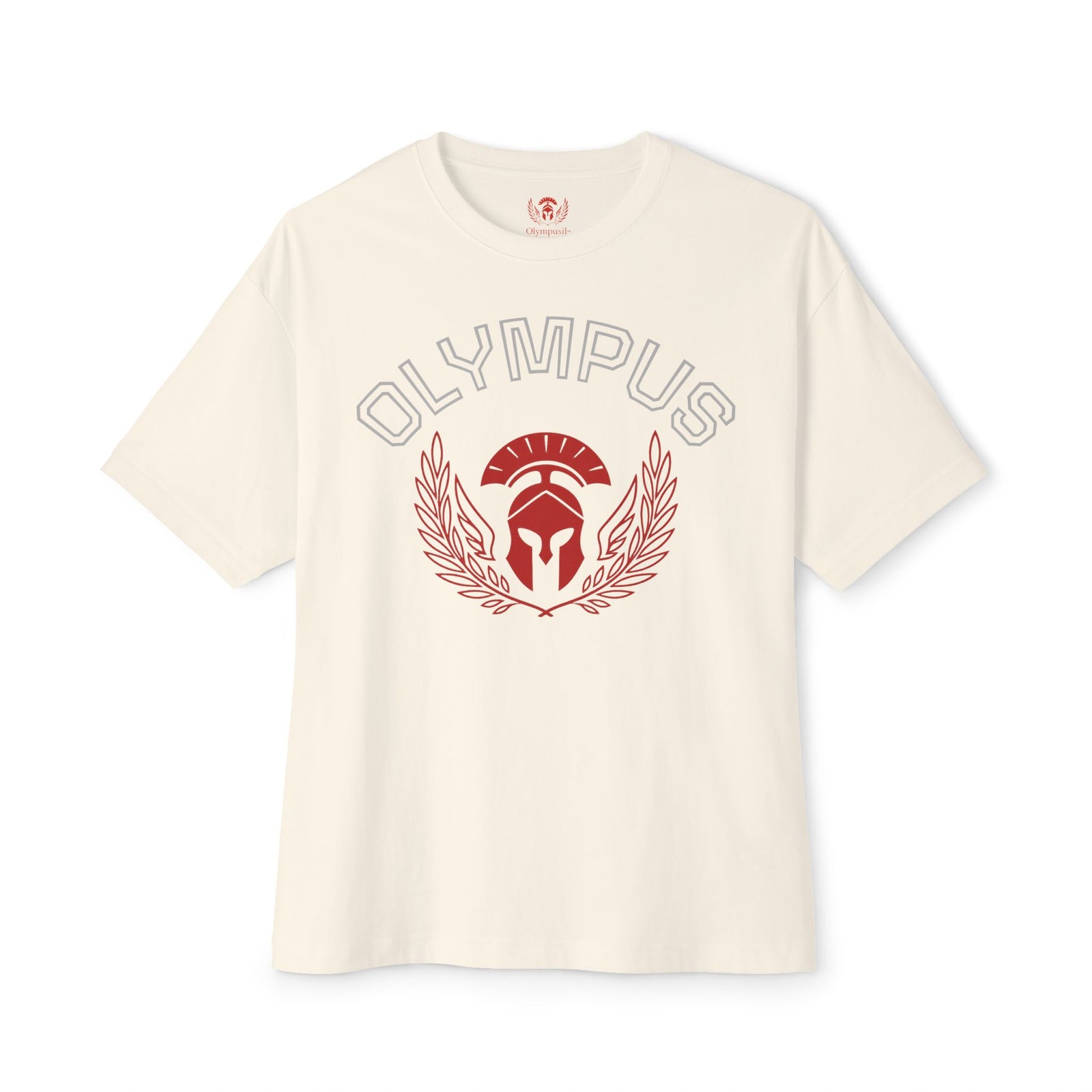 Beige t-shirt with 'Olympus' logo on a white background