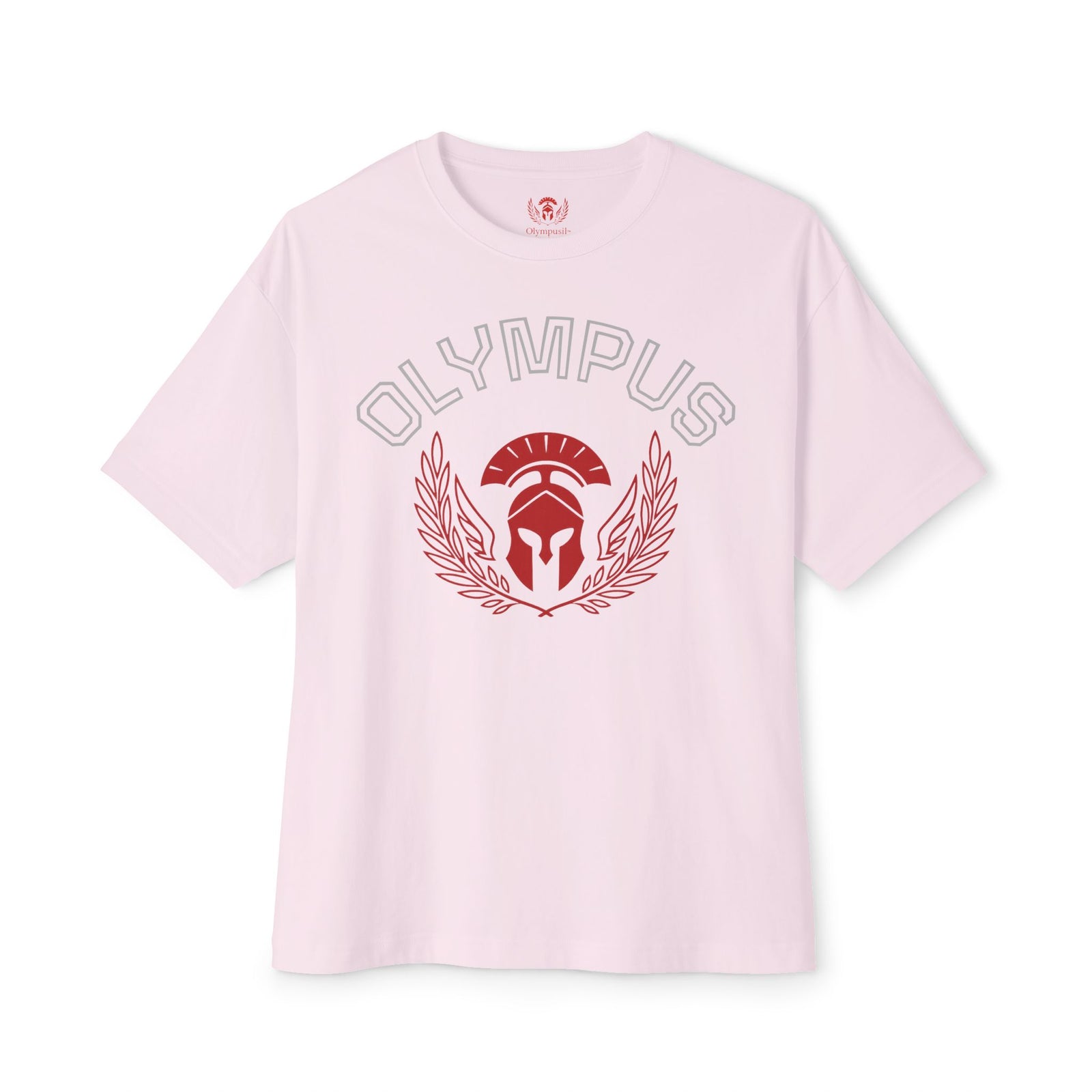 Pink t-shirt with 'Olympus' logo on a white background