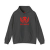 Gray hoodie with red 'Olympus' logo on a white background