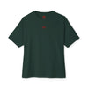 Green t-shirt with a red logo on a white background