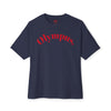 Navy blue t-shirt with 'Olympus' printed in red on a white background