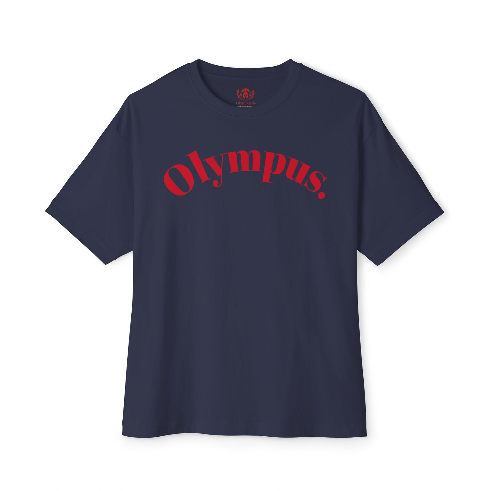 Navy blue t-shirt with 'Olympus' printed in red on a white background