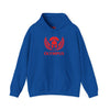 Blue hoodie with red 'Olympus' logo on a white background