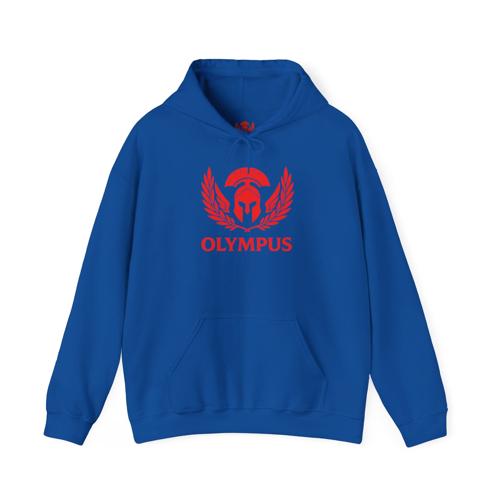 Blue hoodie with red 'Olympus' logo on a white background