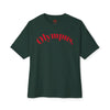 Green t-shirt with 'Olympus' printed in red on a white background