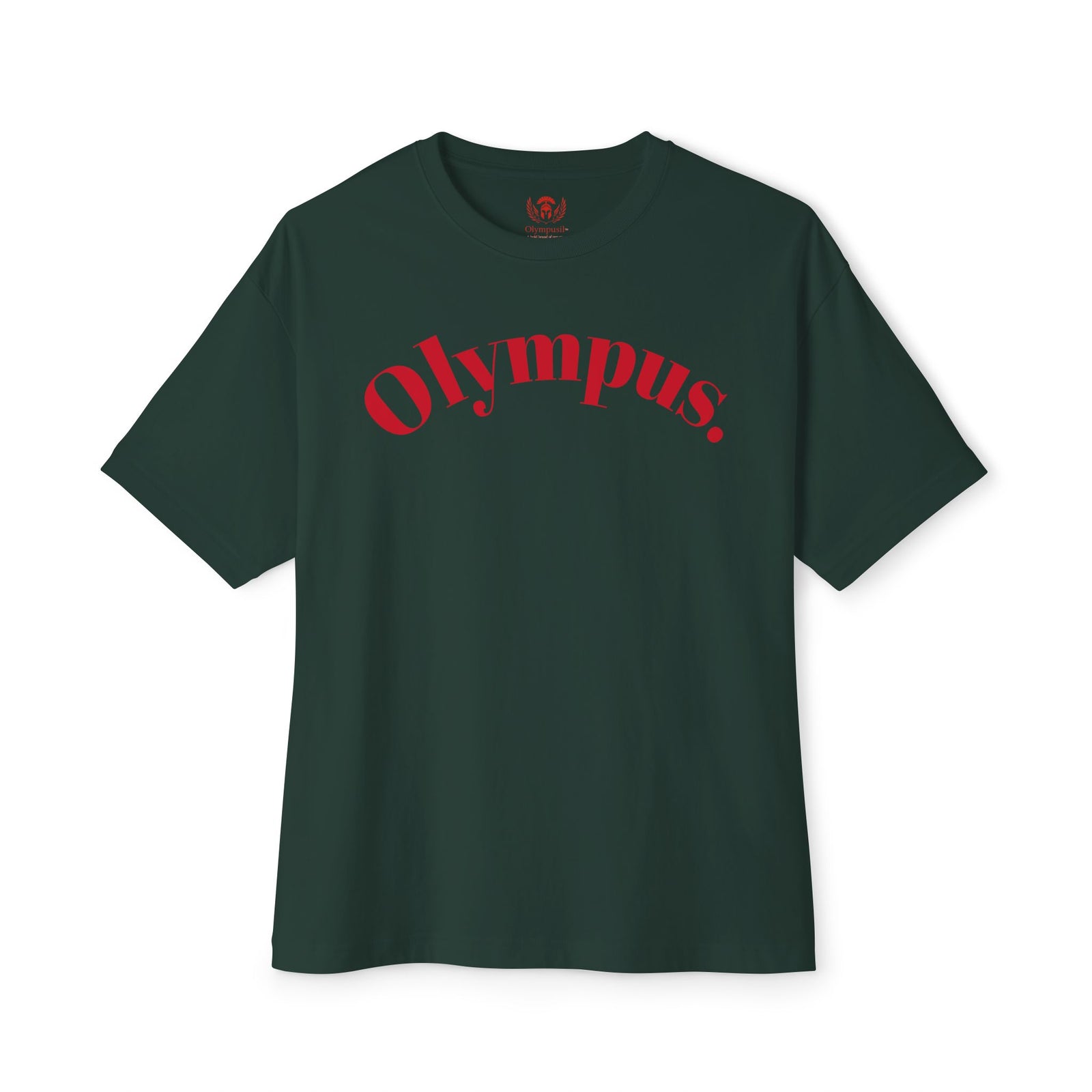 Green t-shirt with 'Olympus' printed in red on a white background