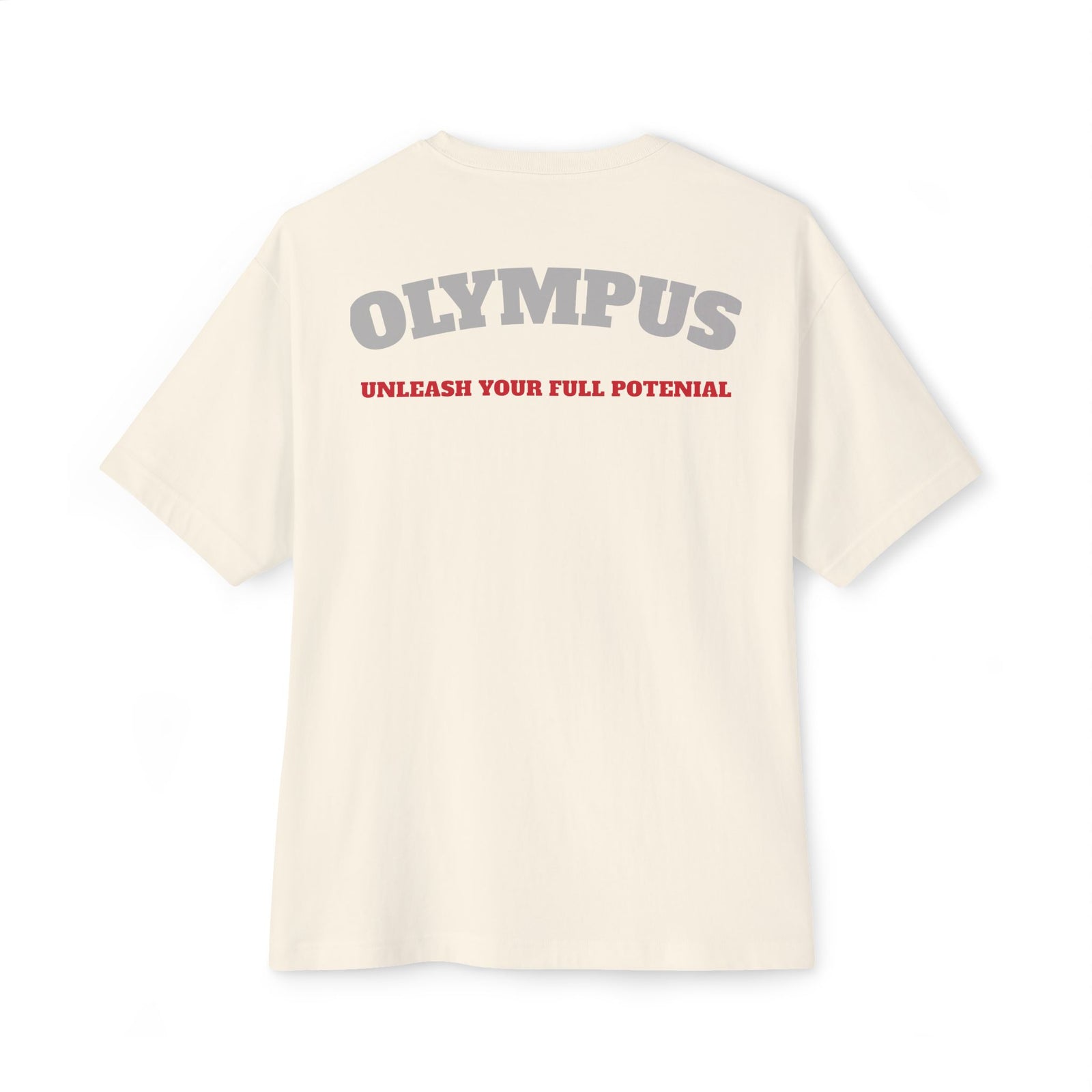 Beige t-shirt with 'OLYMPUS' and 'UNLEASH YOUR FULL POTENTIAL' text on a white background