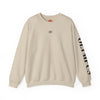 Beige sweatshirt with a logo on the chest and text on the sleeve against a white background