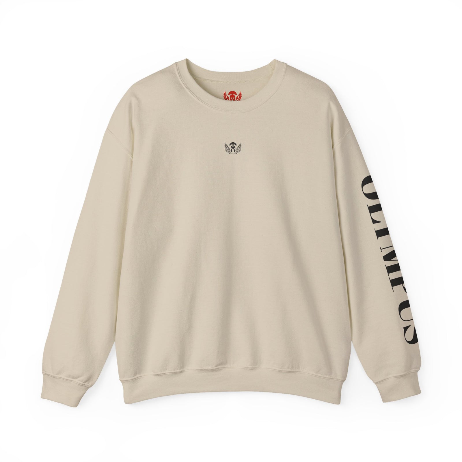 Beige sweatshirt with a logo on the chest and text on the sleeve against a white background