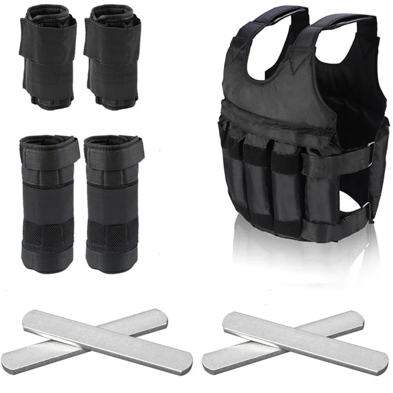 Black weighted vest with shoulder pads and metal weights on a white background
