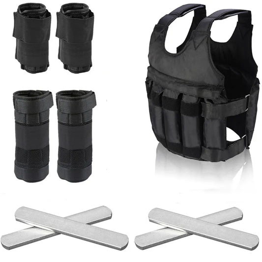 Black weighted vest with shoulder pads and metal weights on a white background
