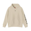 Beige hoodie with brand logo and text on sleeve against a white background