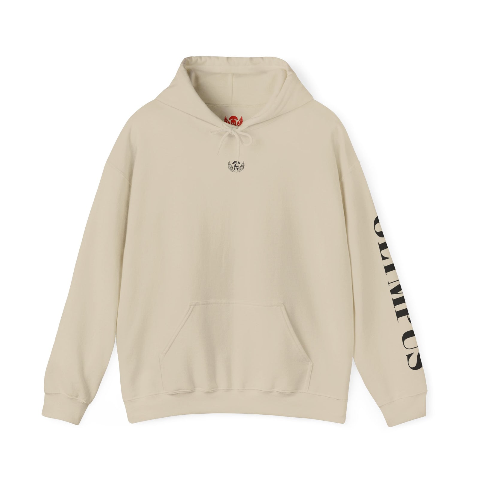 Beige hoodie with brand logo and text on sleeve against a white background