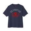Navy blue t-shirt with red and white graphic design on a white background