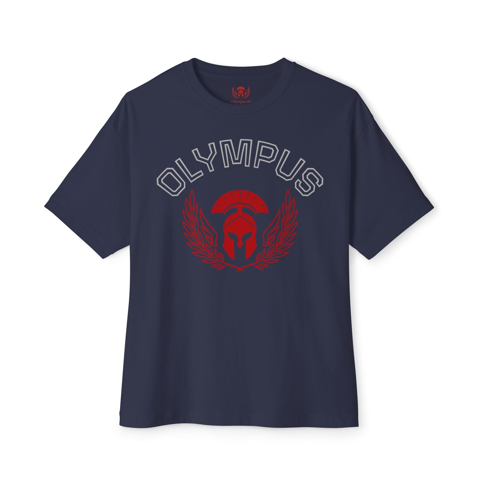 Navy blue t-shirt with red and white graphic design on a white background