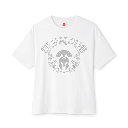 White t-shirt with 'Olympus' logo on a white background