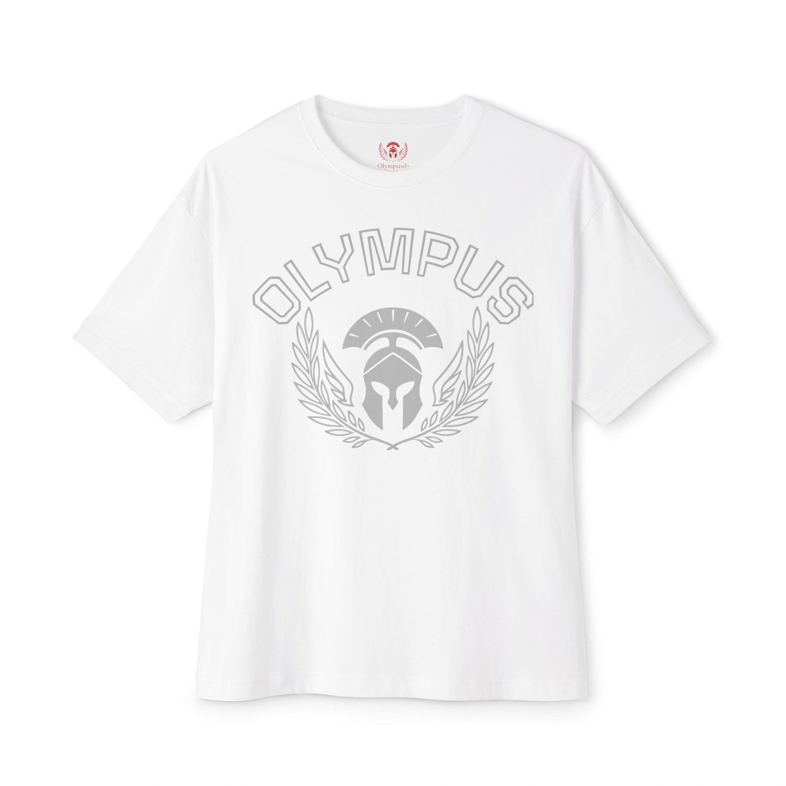 White t-shirt with 'Olympus' logo on a white background