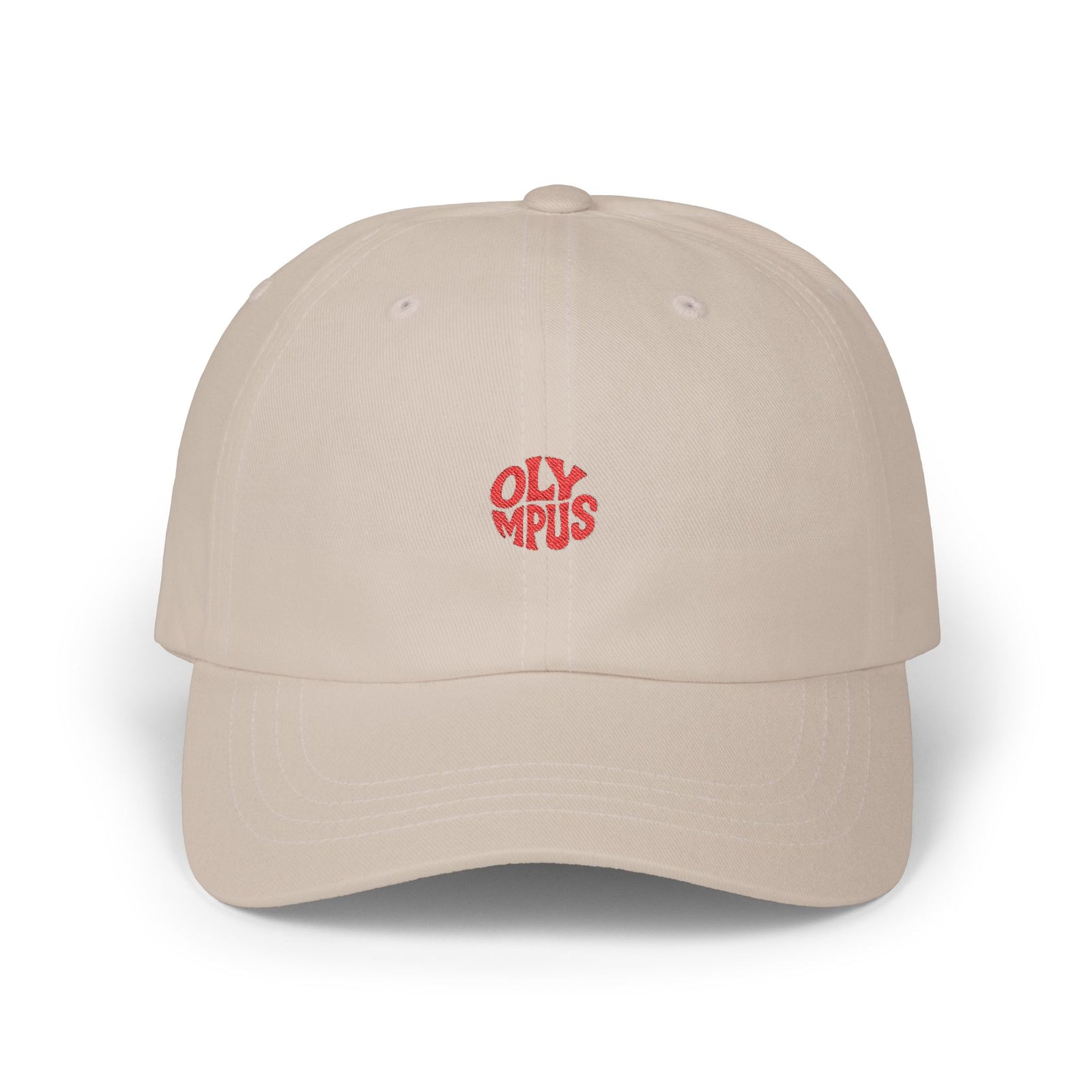 Beige cap with red 'Olympos' logo on a white background