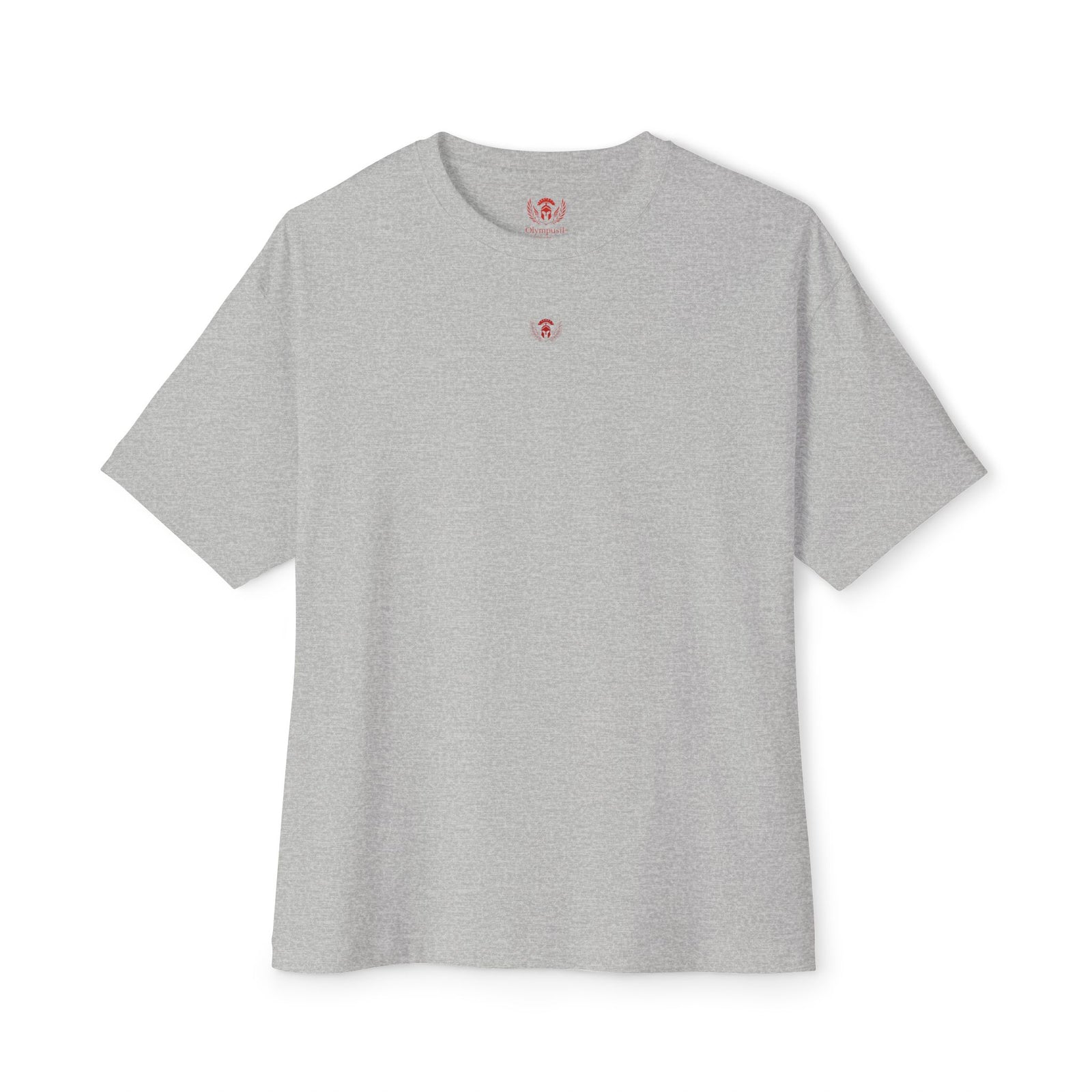 Gray t-shirt with a small red logo on a white background