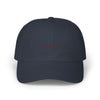 Navy blue cap with red text on a white background