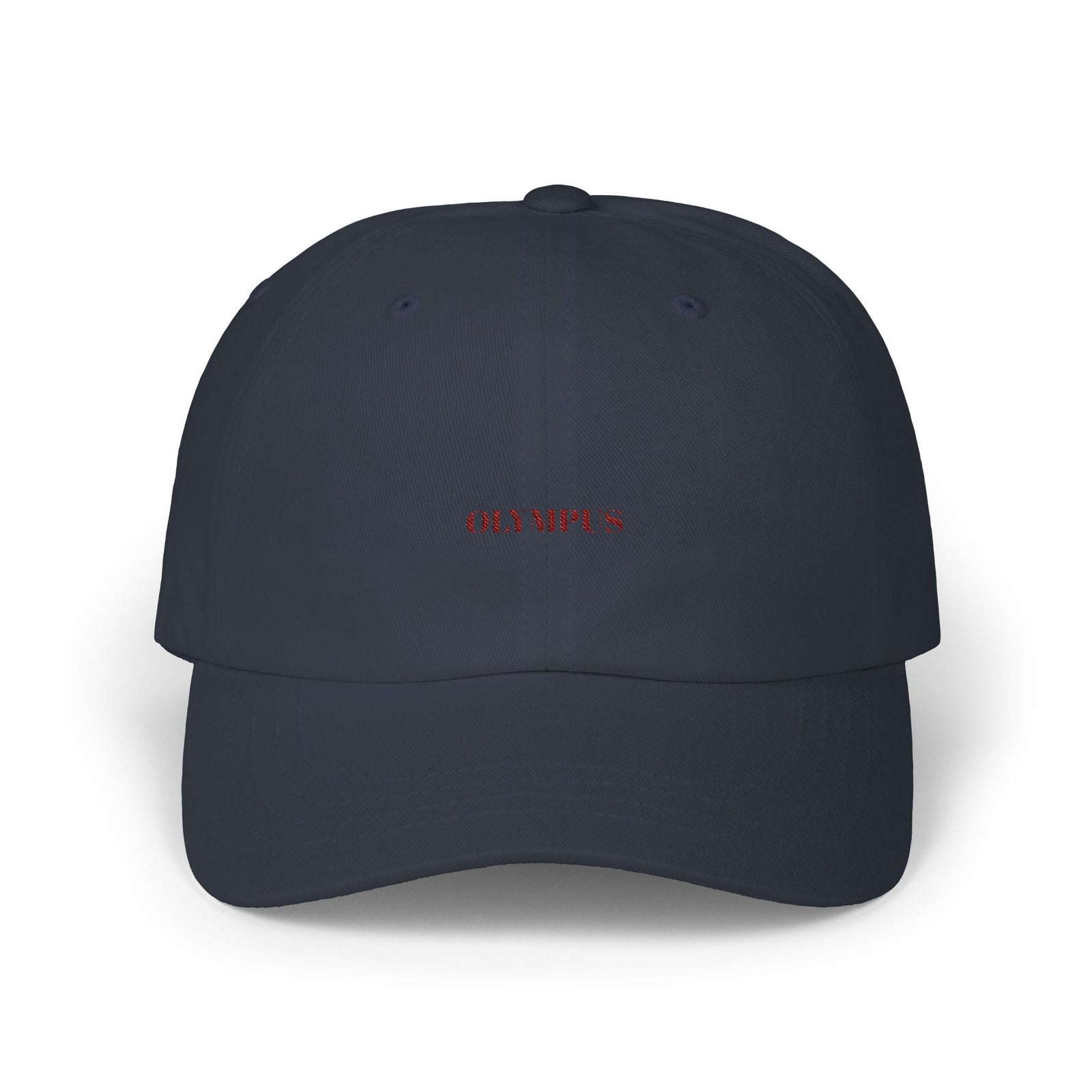 Navy blue cap with red text on a white background