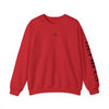 Red sweatshirt with black text on sleeve against a white background