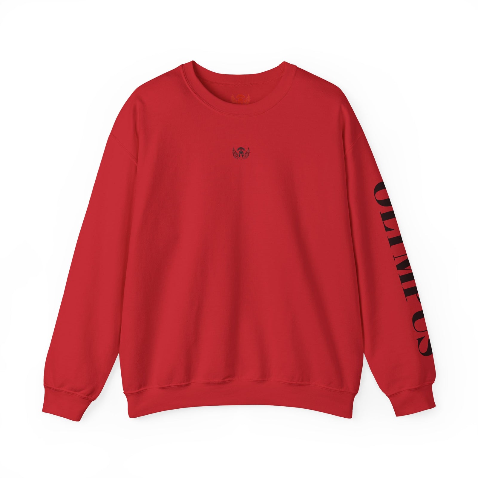 Red sweatshirt with black text on sleeve against a white background
