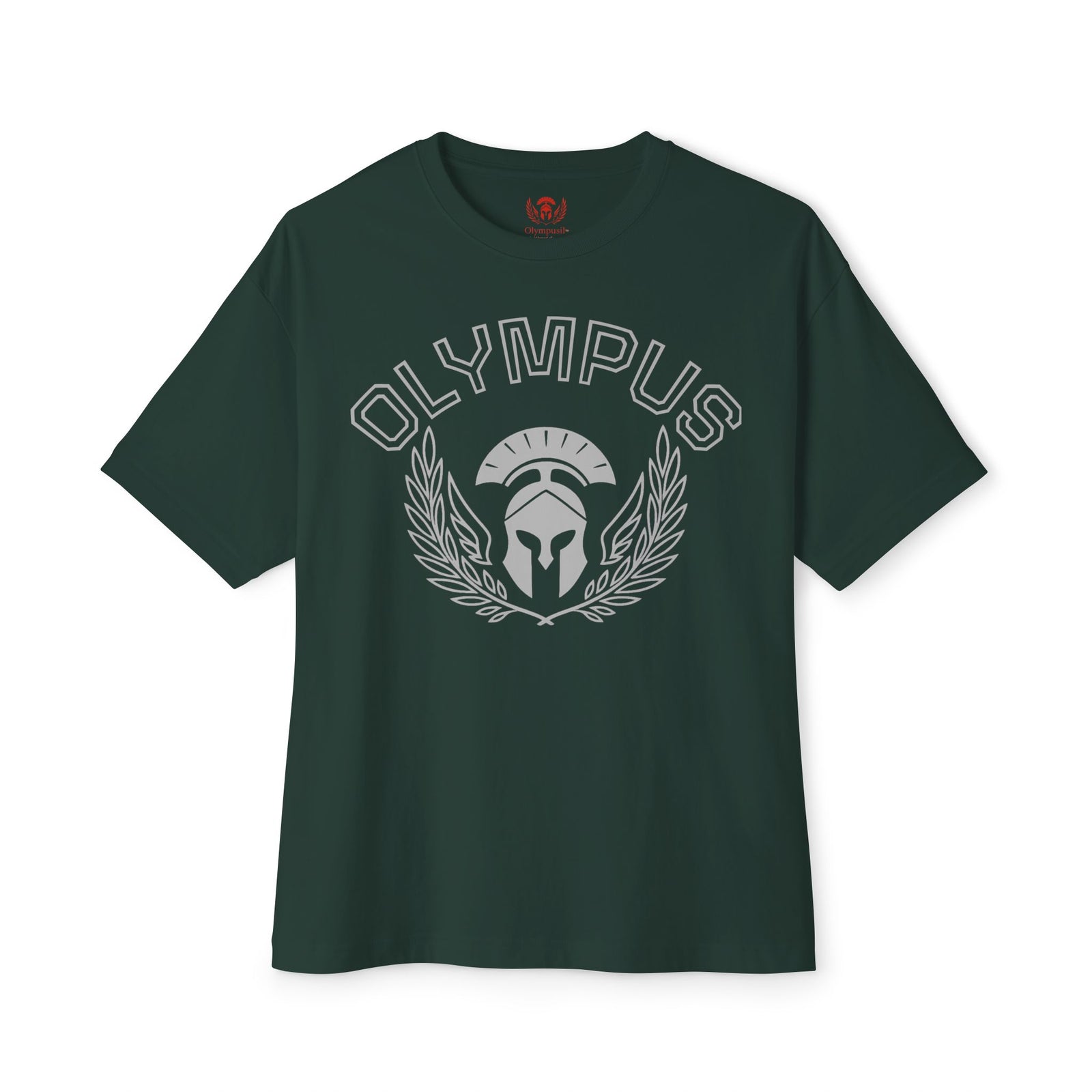Green t-shirt with 'Olympus' logo on a white background