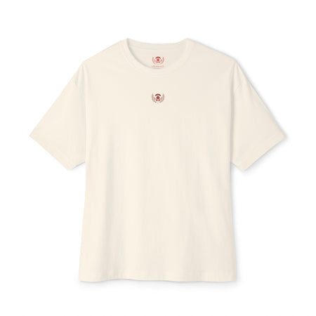 Beige t-shirt with a small logo on a white background