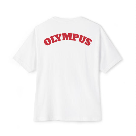 White t-shirt with 'OLYMPUS' printed in red on the back against a white background