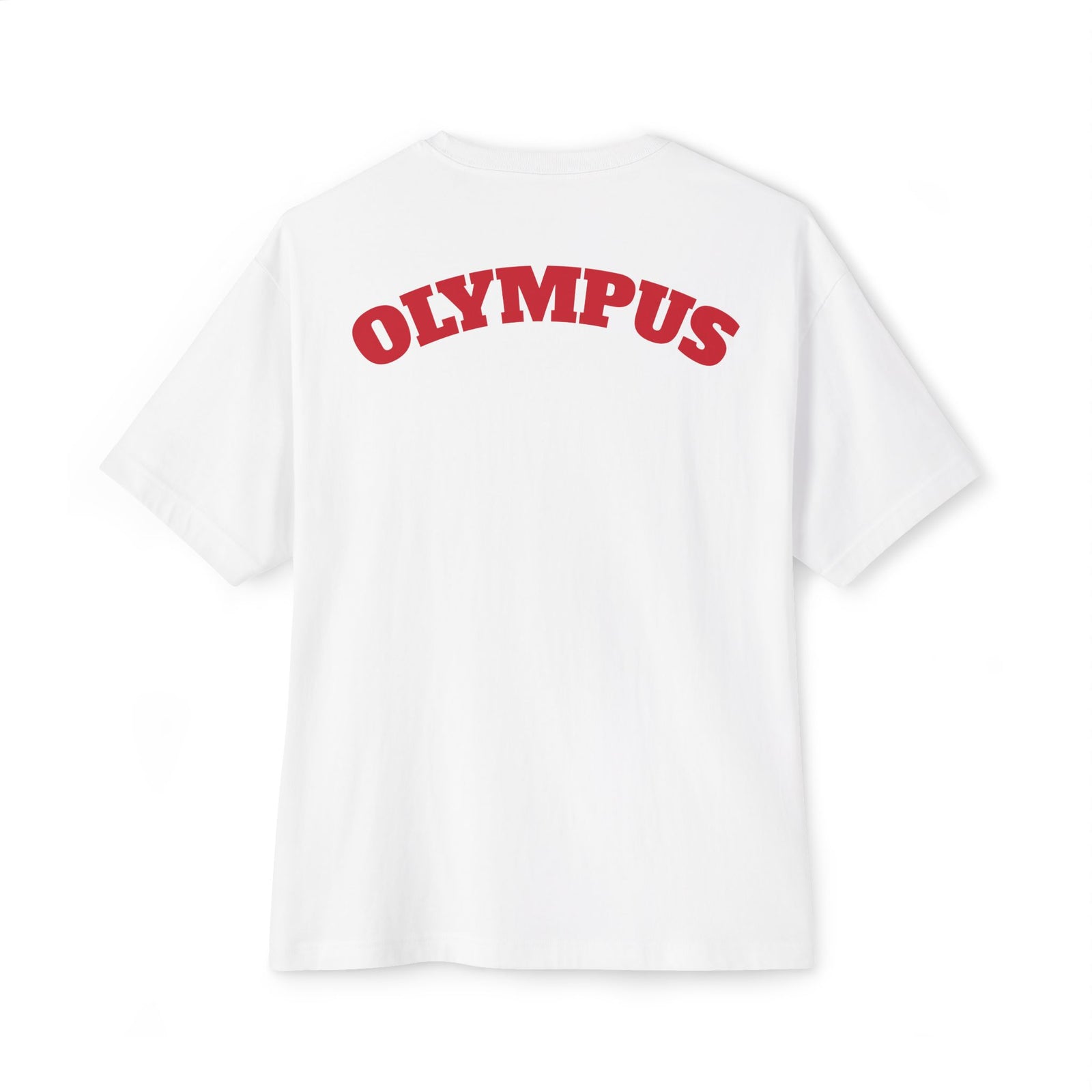 White t-shirt with 'OLYMPUS' printed in red on the back against a white background