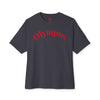 Black t-shirt with 'Olympus' printed in red on a white background