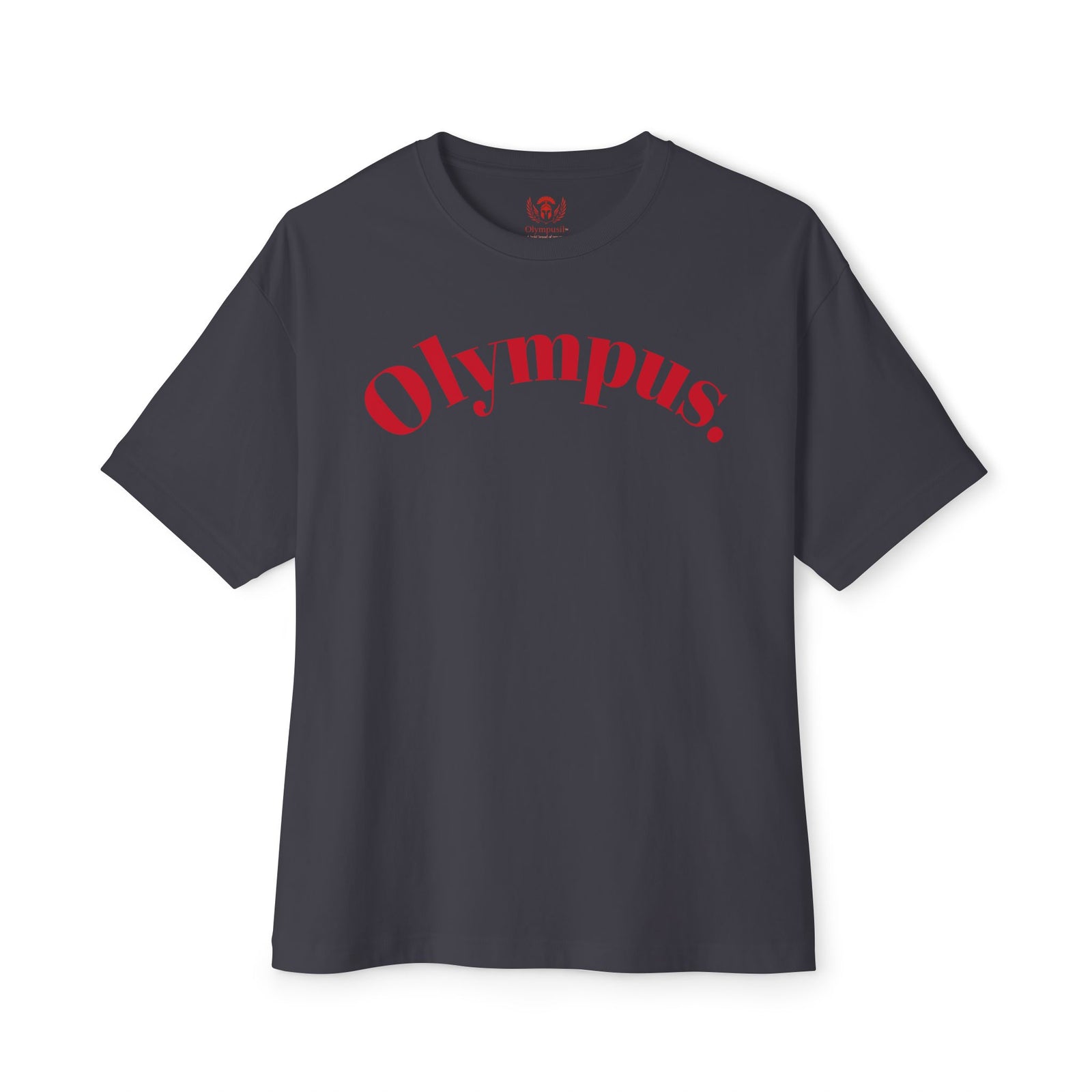 Black t-shirt with 'Olympus' printed in red on a white background