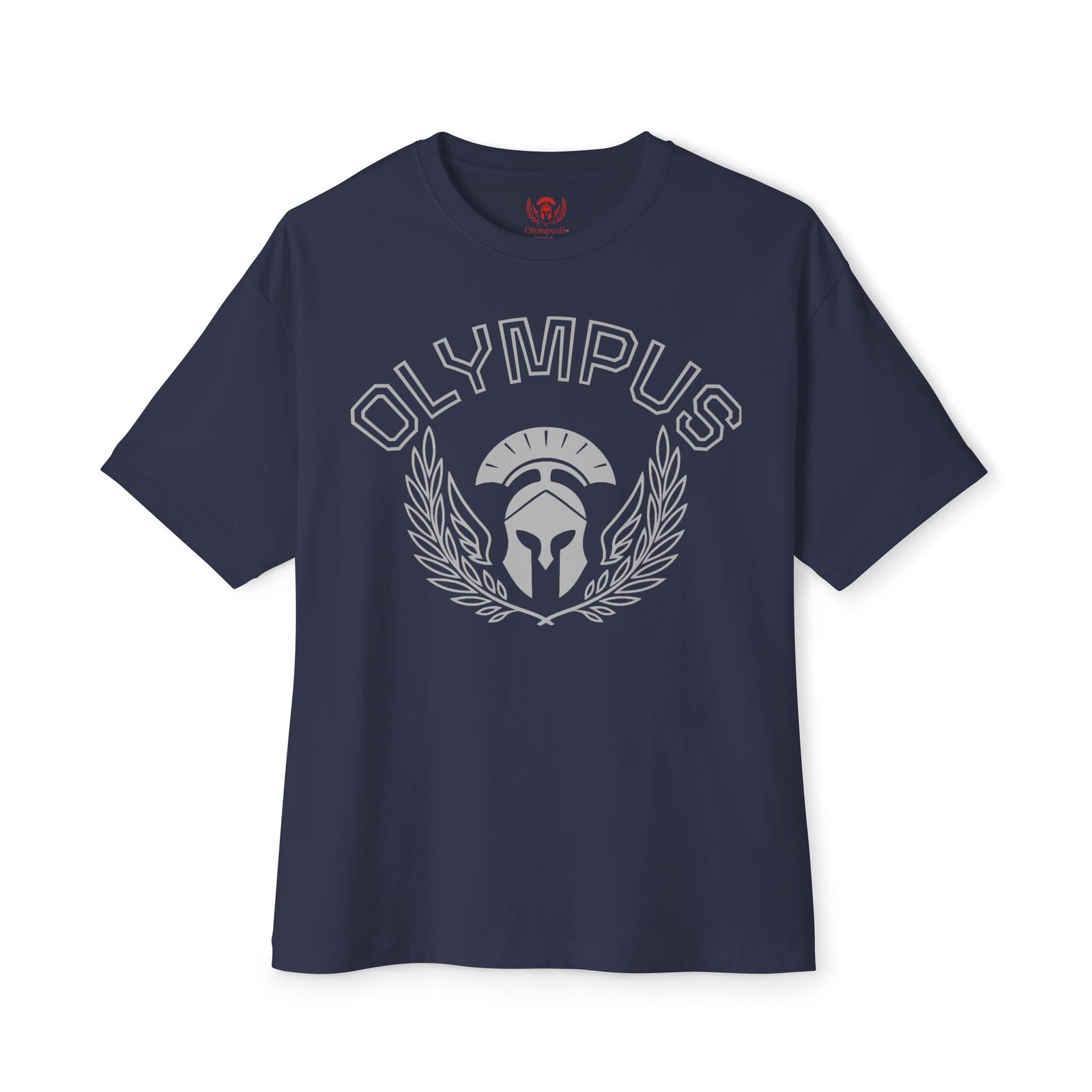 Navy blue t-shirt with 'Olympus' logo on a white background