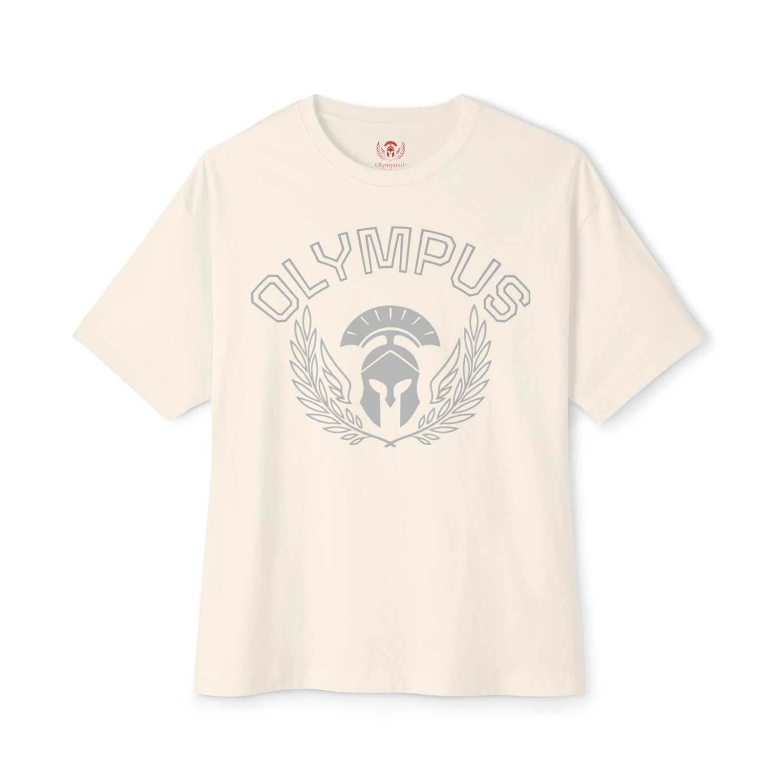 Beige t-shirt with 'Olympus' logo on a white background