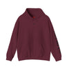Maroon hoodie with black text on sleeves against a white background