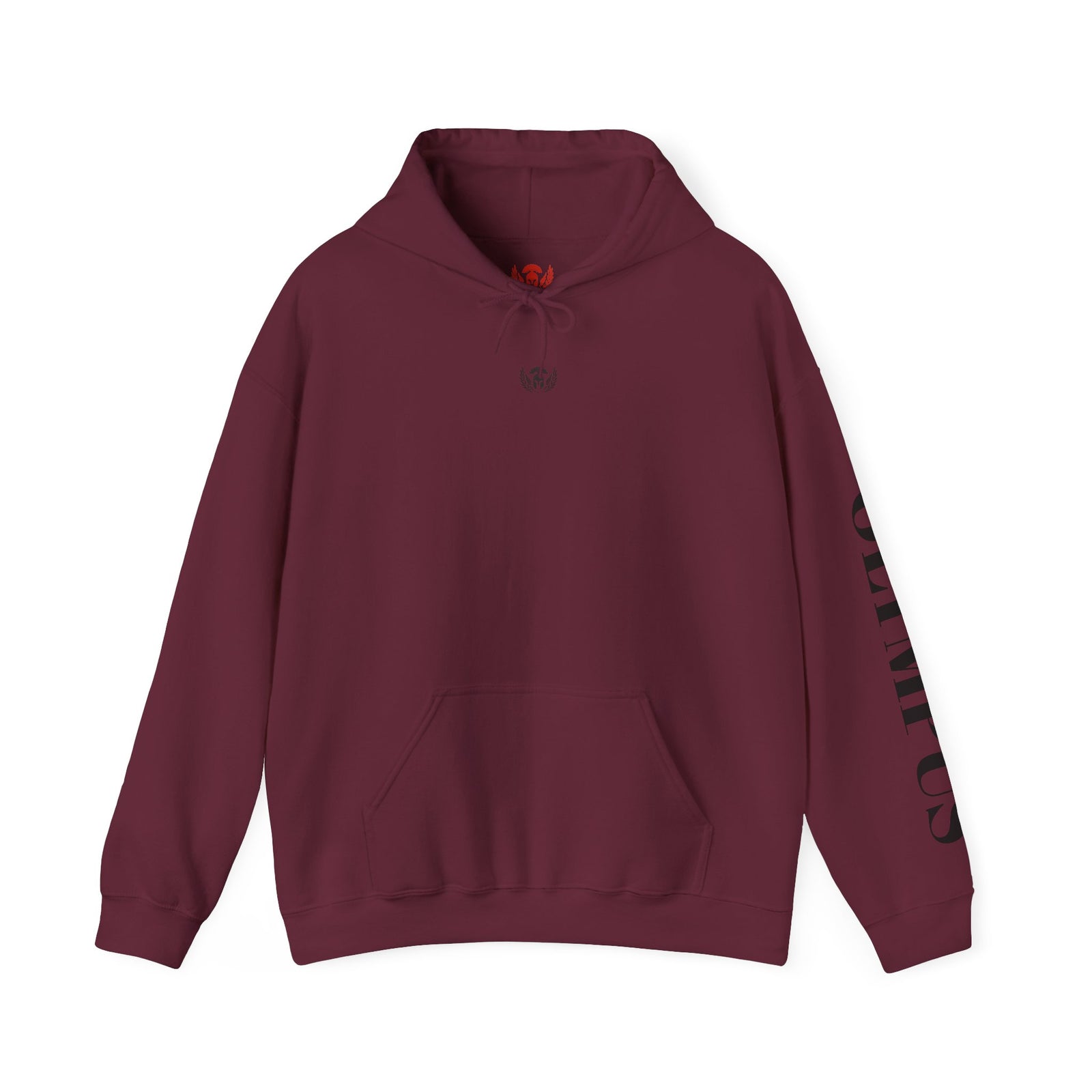 Maroon hoodie with black text on sleeves against a white background