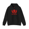 Black hoodie with red 'Olympus' logo on a white background