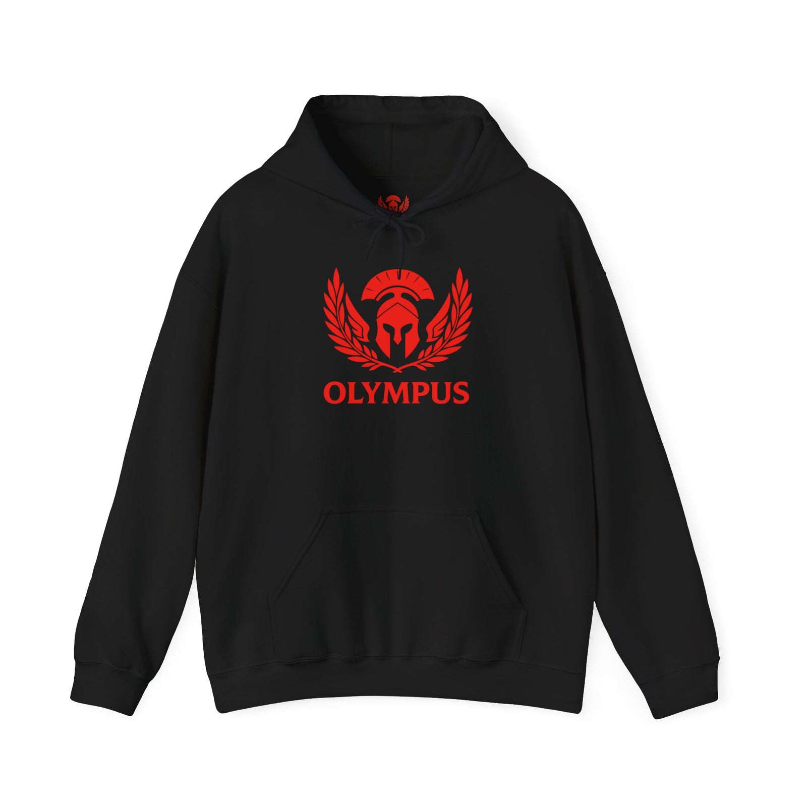 Black hoodie with red 'Olympus' logo on a white background