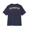 Navy blue t-shirt with 'OLYMPUS' and 'UNLEASH YOUR FULL POTENTIAL' text on a white background