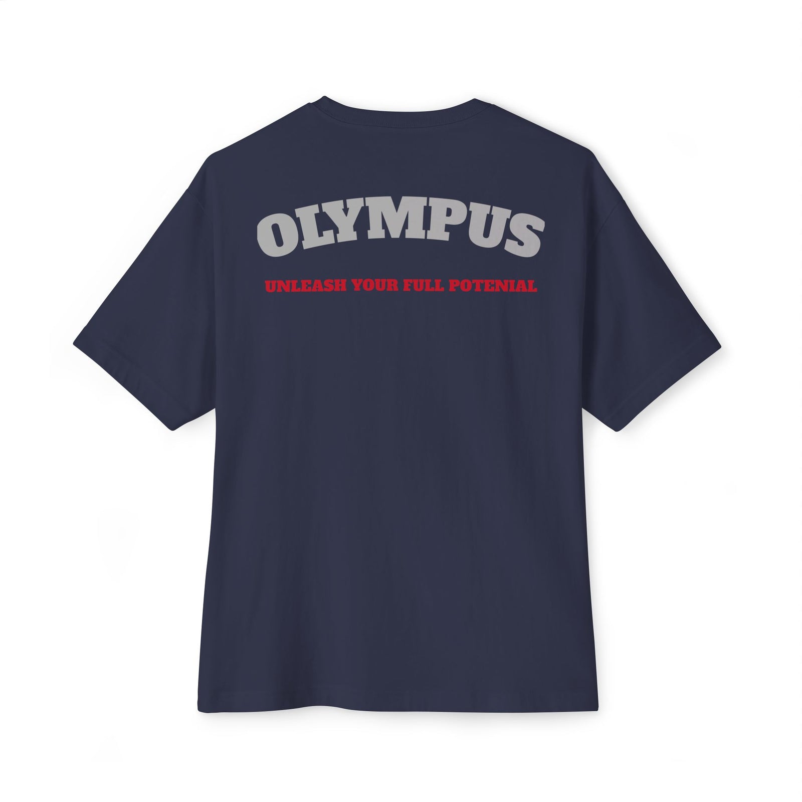 Navy blue t-shirt with 'OLYMPUS' and 'UNLEASH YOUR FULL POTENTIAL' text on a white background